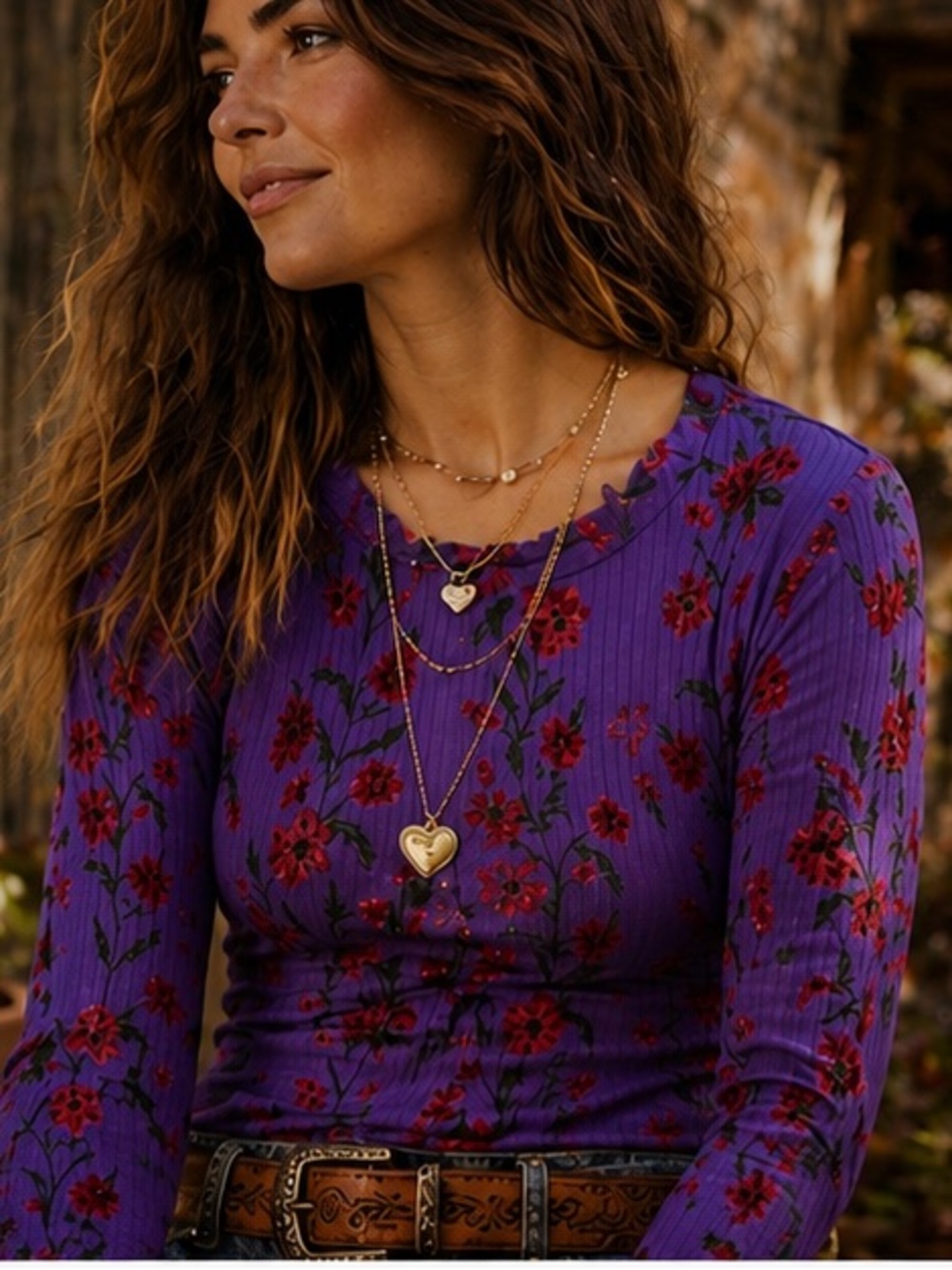 FreeStyle Purple Floral Ribbed Long Sleeve Boho Fitted Tee